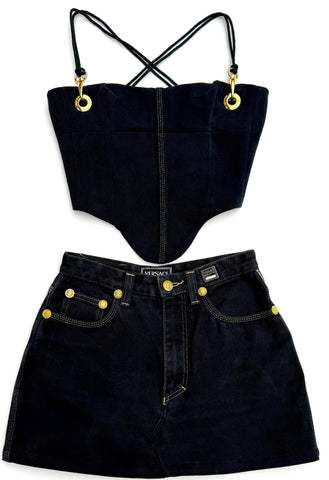 Versace Black & Gold Versace Denim Corset Skirt Set