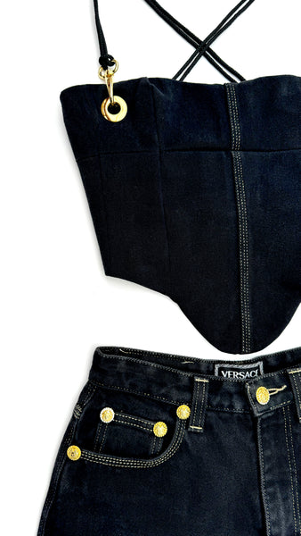 Versace Black & Gold Versace Denim Corset Skirt Set