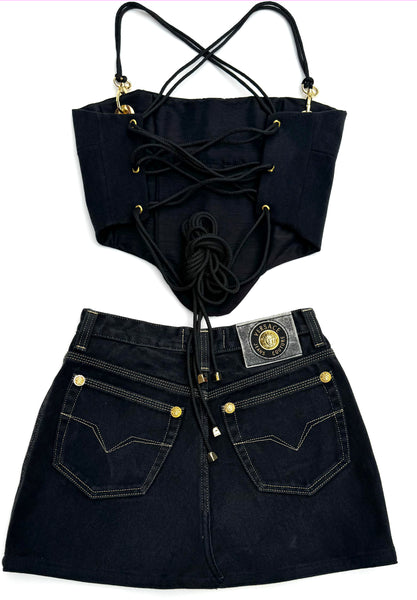 Versace Black & Gold Versace Denim Corset Skirt Set