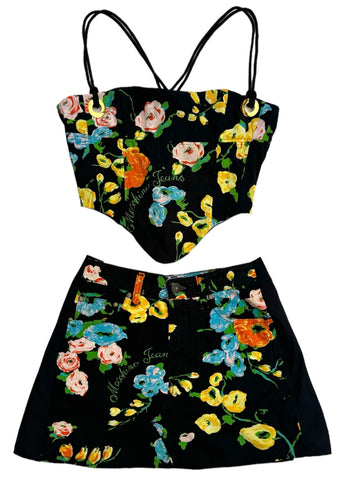 Upcycled Moschino Black Floral Corset Set