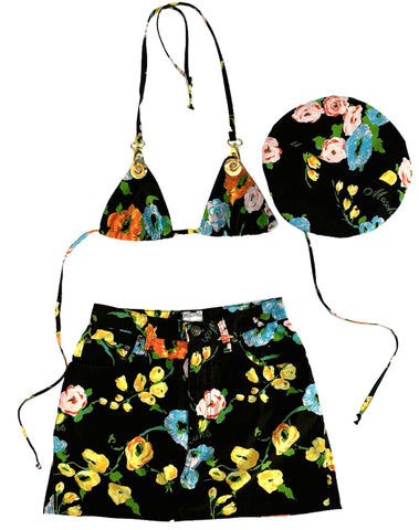Upcycled Moscino Black Floral Print Bikini Set