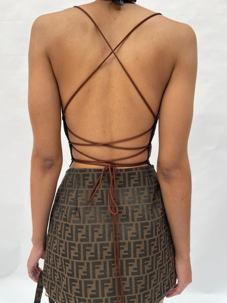 Backless Lace-up Corset Top - Brown