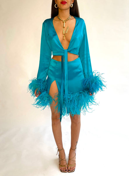 Teal Feather Wrap Top- PRE ORDER