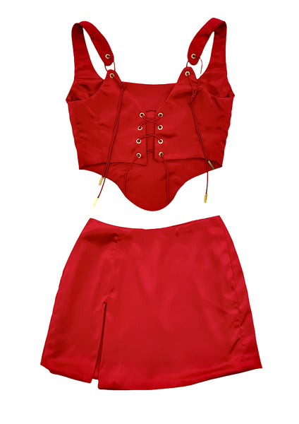 Valentines silky red corset set